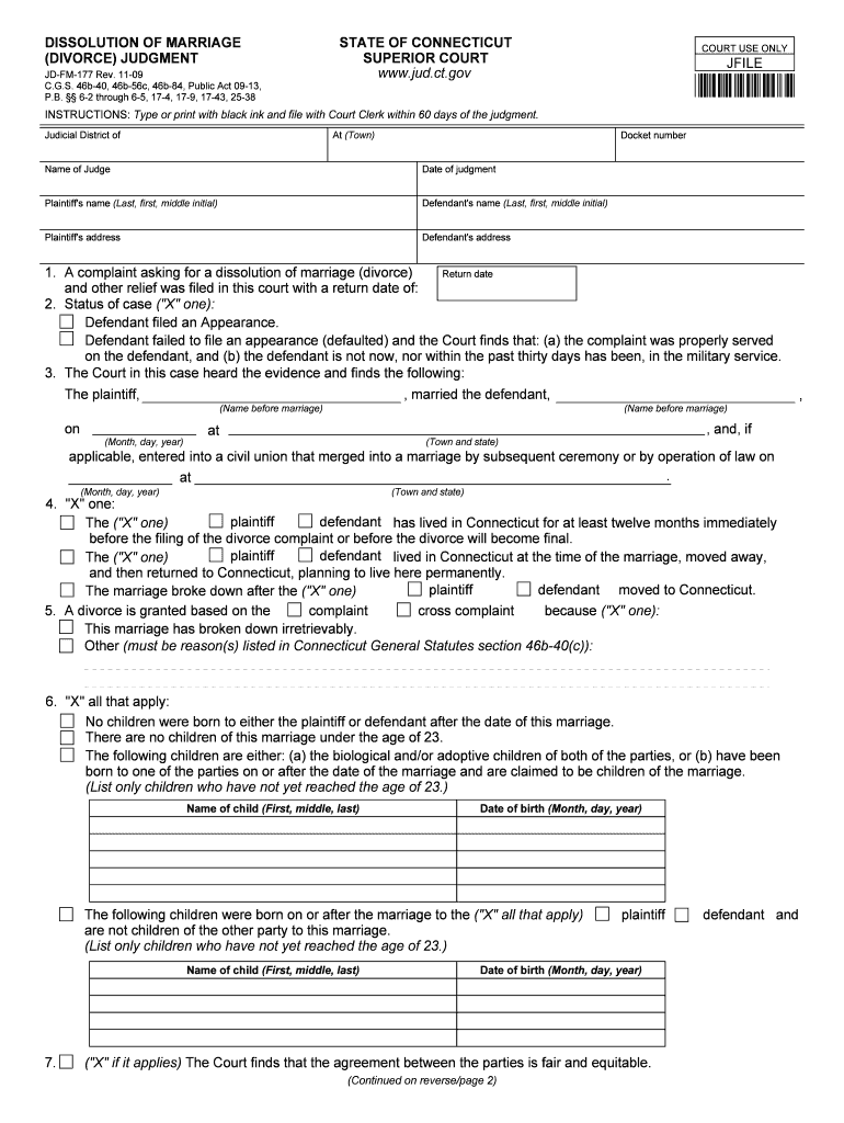  DISSOLUTION of MARRIAGE DIVORCE JUDGMENT  Jud Ct 2009