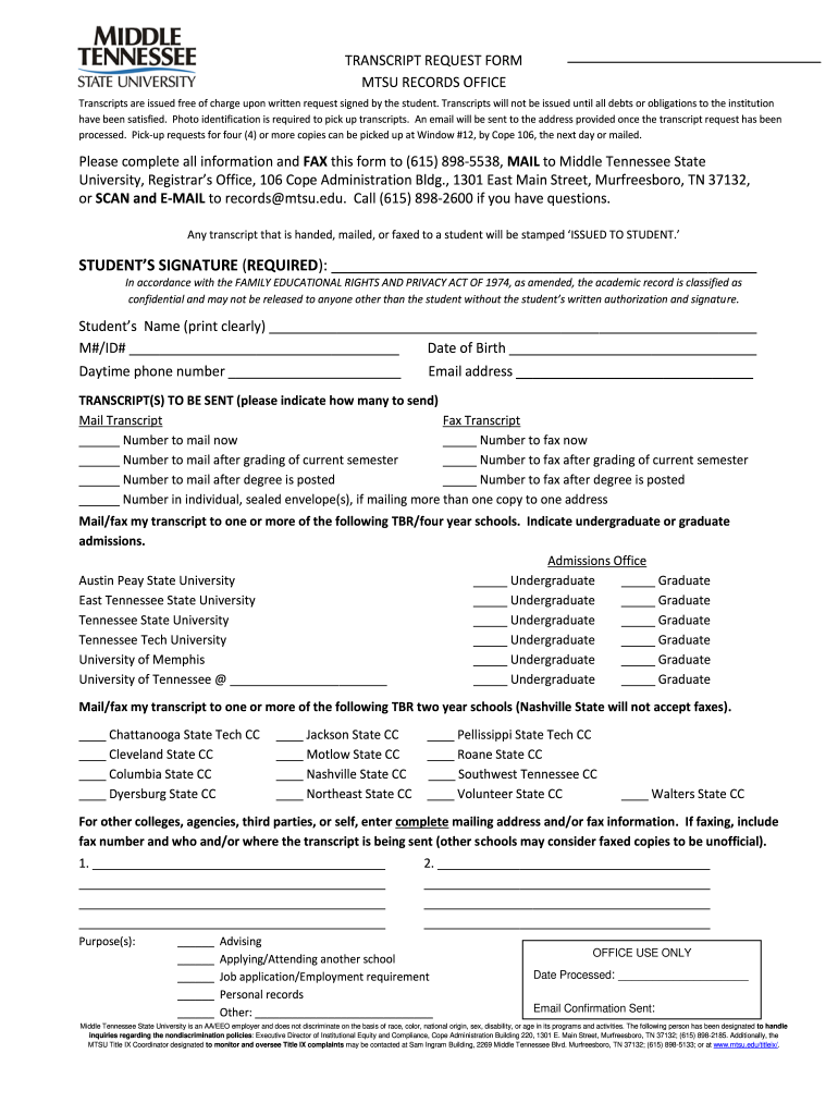 Request Transcript Tennessee State University  Form