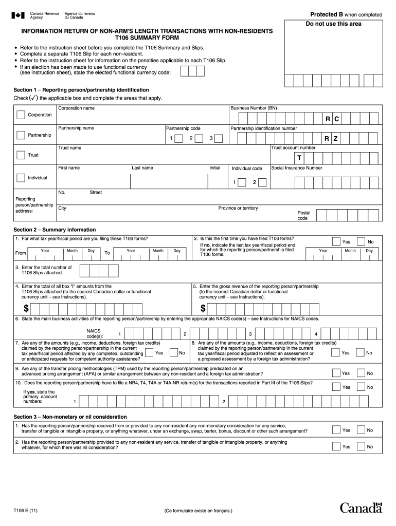  INFORMATION RETURN of NON ARM'S LENGTH TRANSACTIONS with NON RESIDENTS T106 SUMMARY FORM Download a Printable March C 2011