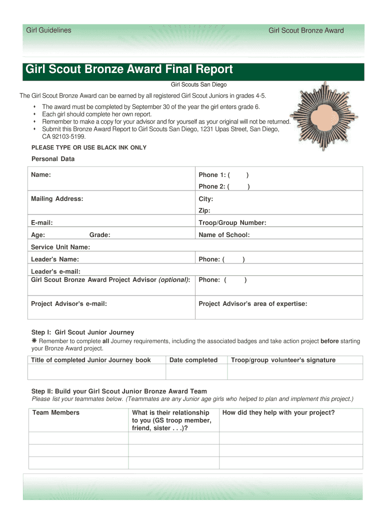  Girl Scout Bronze Award Final Report Form 2013