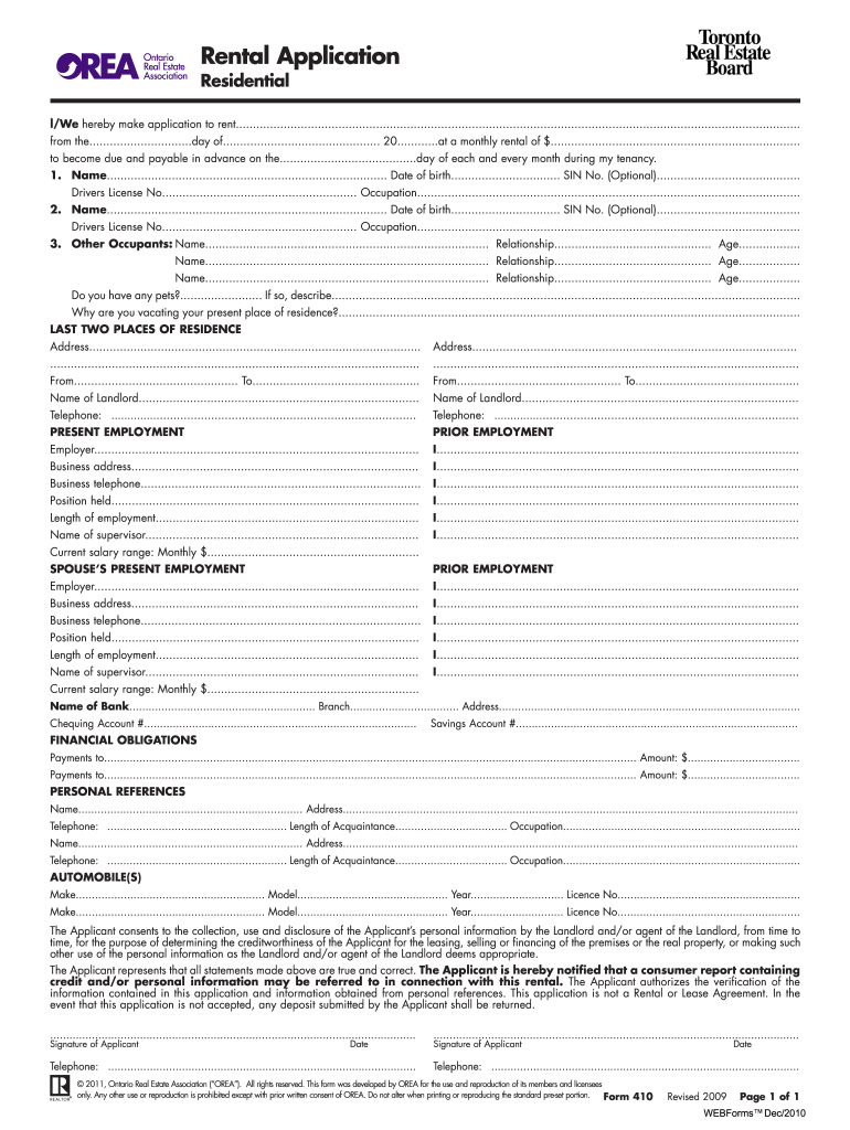 Toronto Rental Application  Form