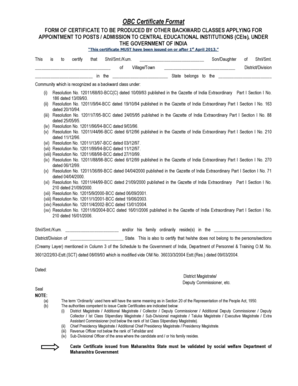 Obc Certificate Format of Central Government