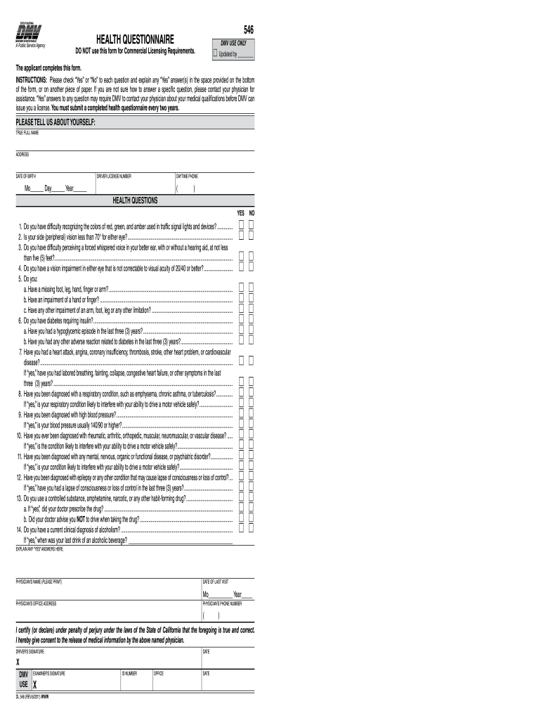 Ca Dmv Health Questionnaire  Form