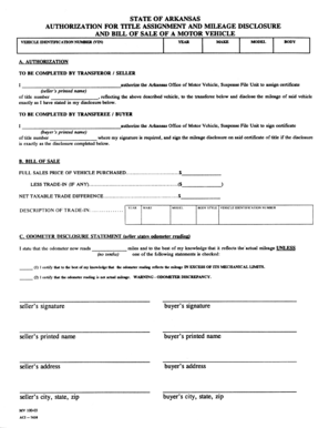 AUTHORIZATION for TITLE ASSIGNMENT and MILEAGE Dfa Arkansas  Form