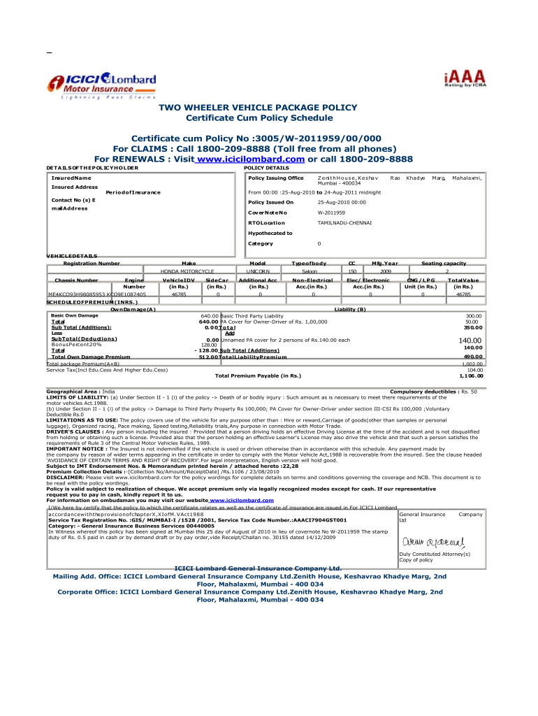 Policy Schedule Cum Certificate of Insurance  Form