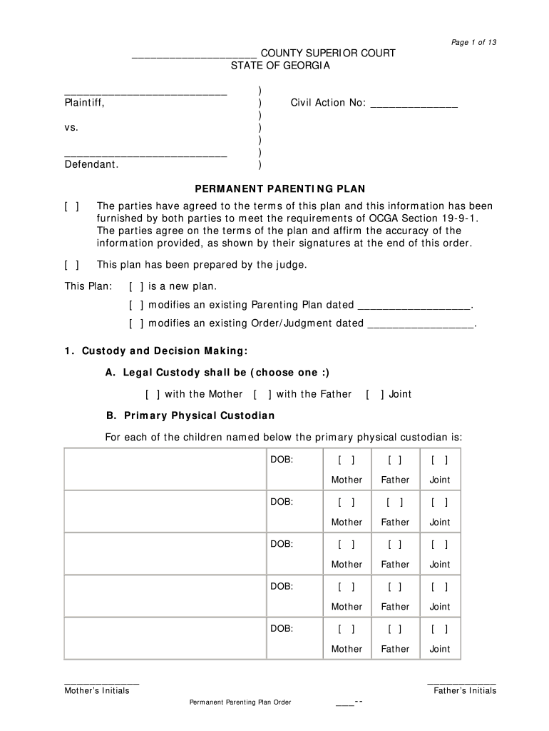 Gwinnett County Parenting Plan  Form