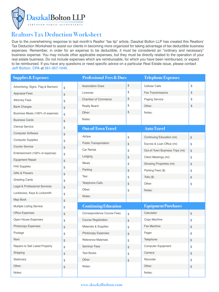 Realtor Tax Deduction Worksheet  Form