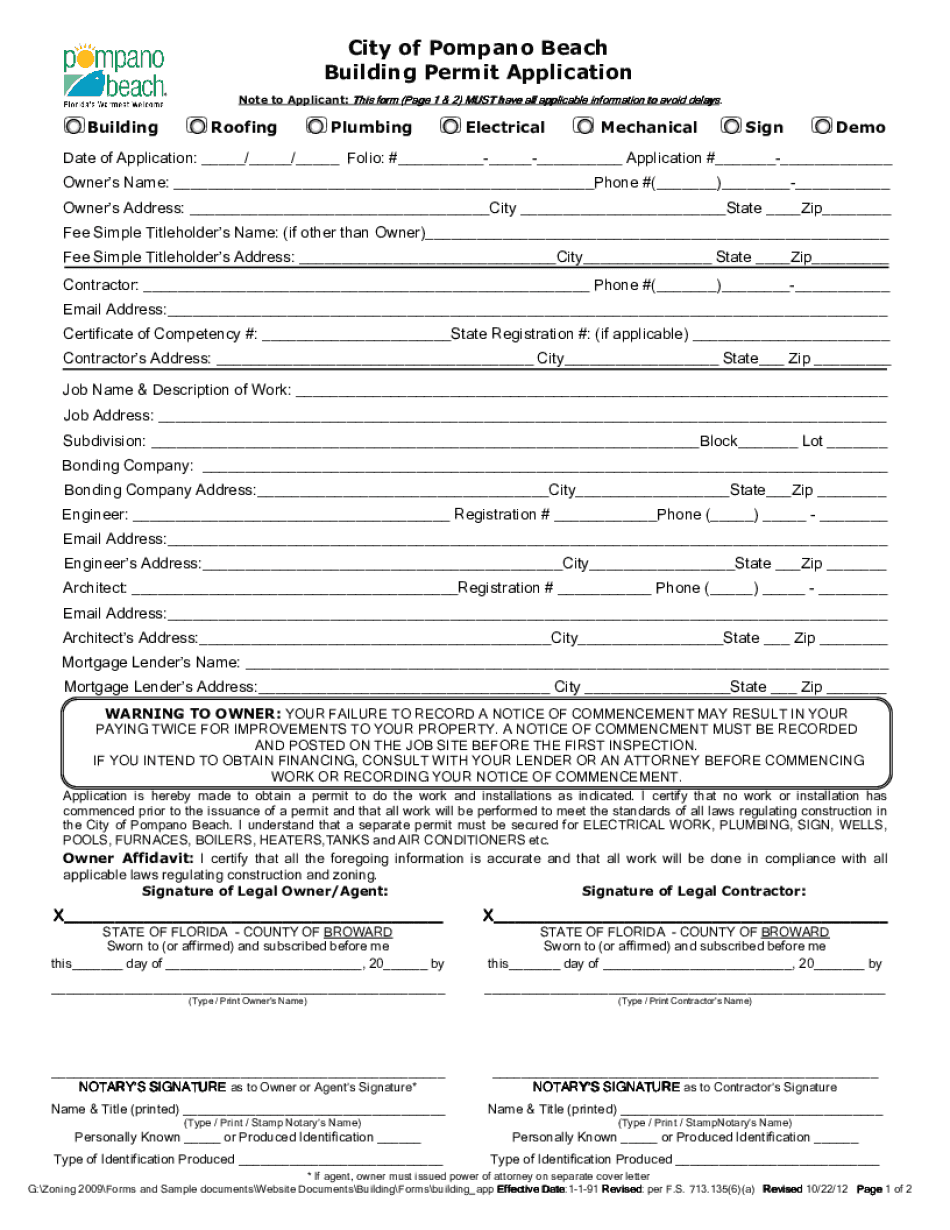 City of Pompano Beach Building Permit Application  Form