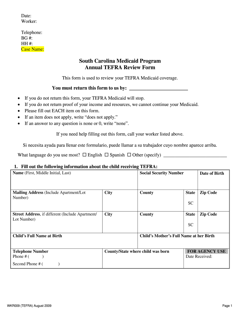  Sc Billing Tefra Medicaid 2009