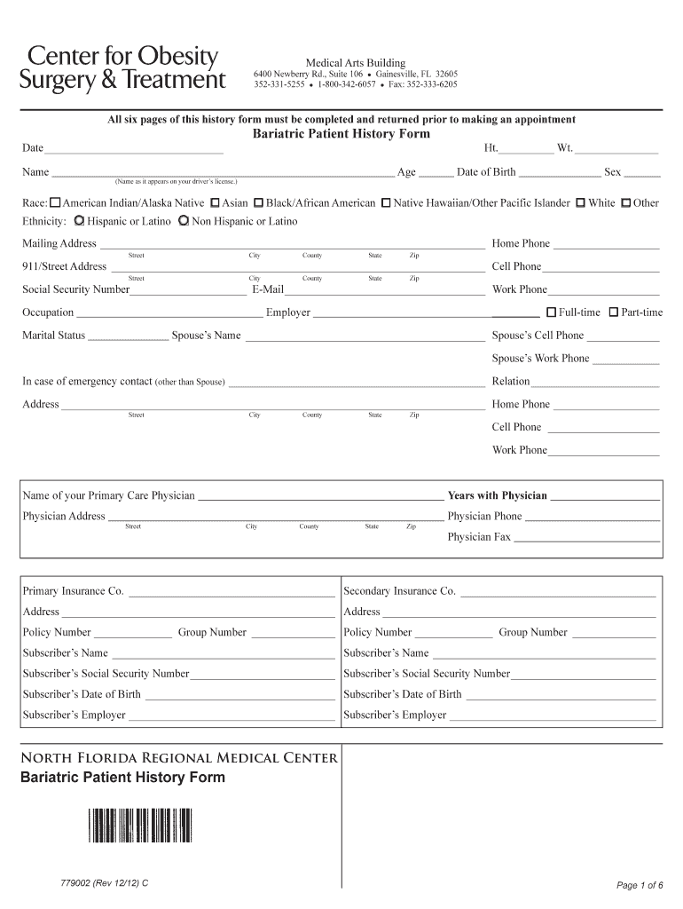  Bariatric Patient Medical History Form  North Florida Weight Loss 2012-2024