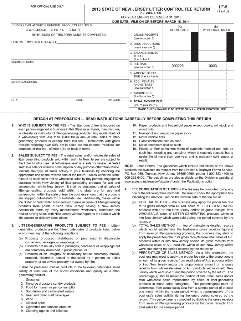  LF 5 State of New Jersey Litter Control Fee Return State Nj 2020