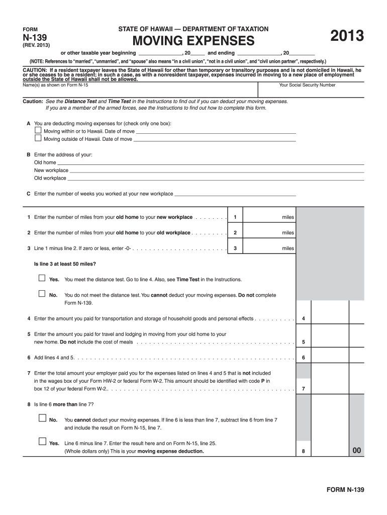  Form N 139, Rev , Moving Expenses  Hawaii Gov 2013