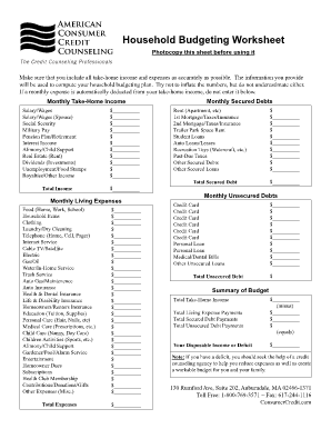 Household Budgeting Worksheet  Form