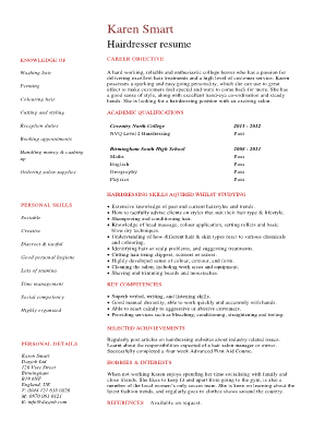 Curriculum Vitae Hair Stylist  Form