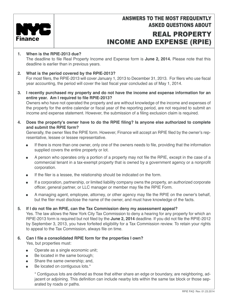  Real Property Income and Expense RPIE FAQ NYC Gov Nyc 2014