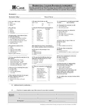 Residential College Roommate Agreement Case Western Reserve Case  Form