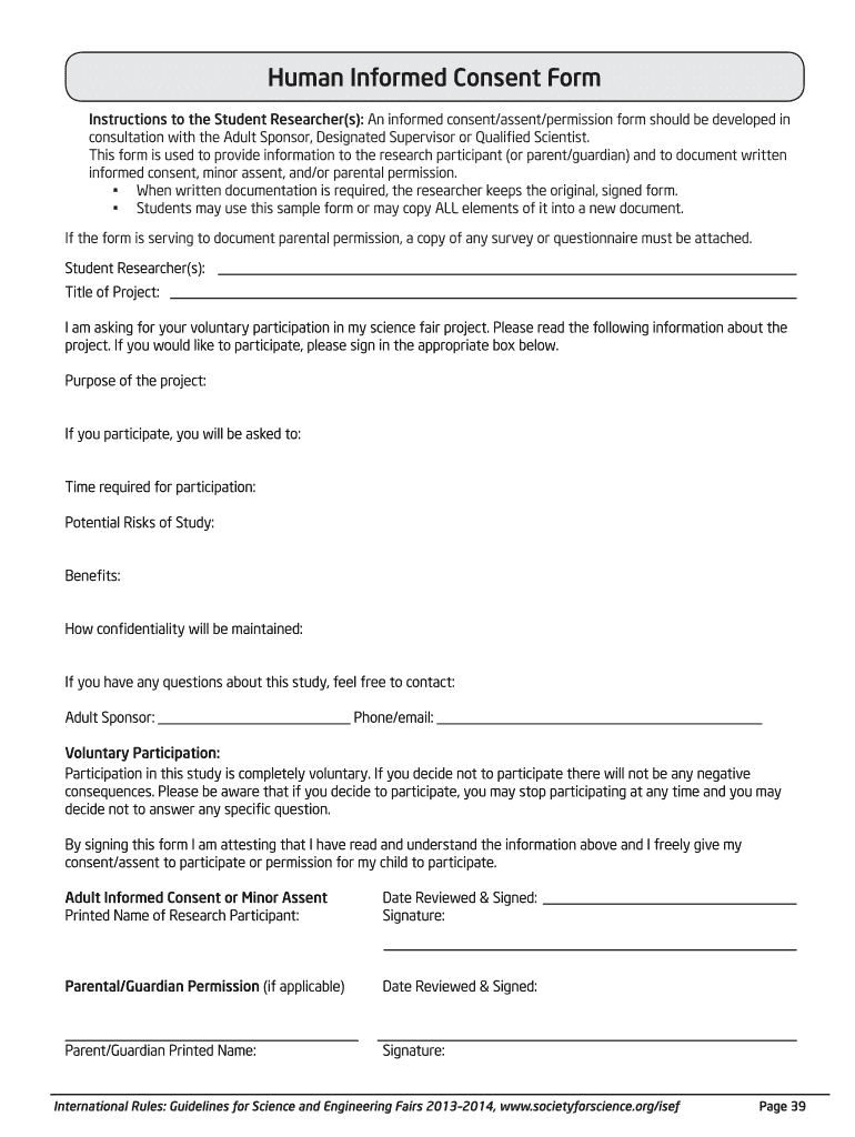  Human Consent Form Science Fair Fillable Form 2014