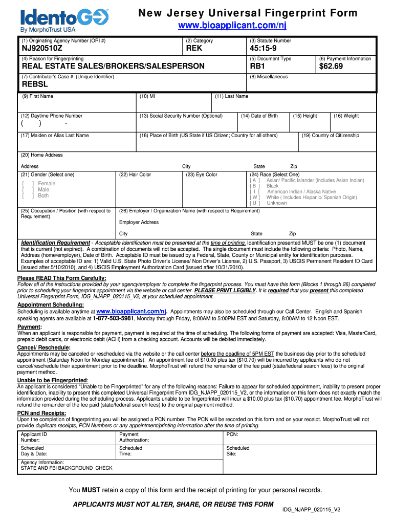 Universal Fingerprint Form  State of New Jersey  State Nj