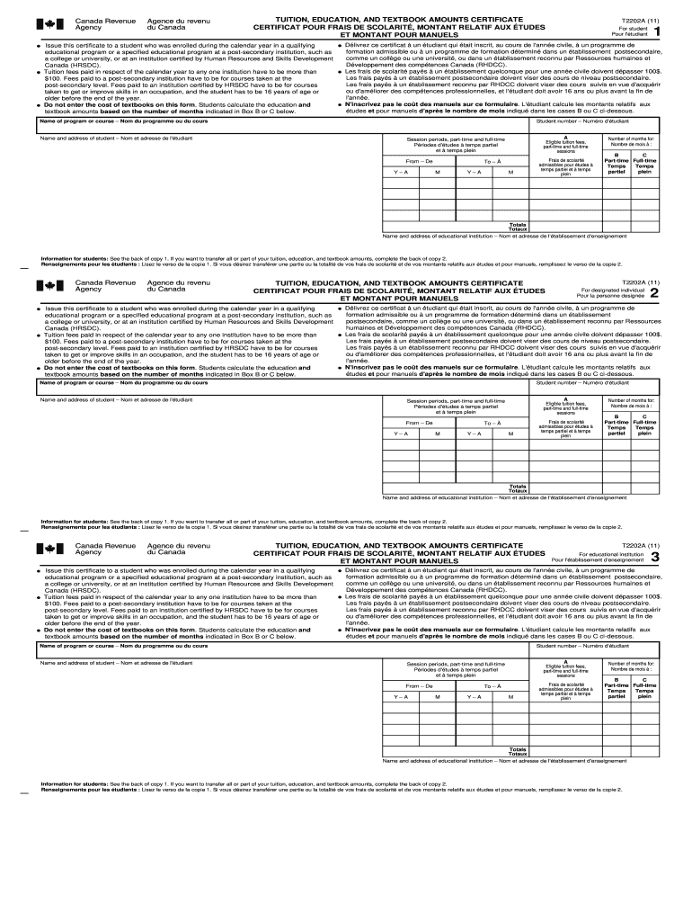  T2202A Form  Agence Du Revenu Du Canada  Cra Arc Gc 2011