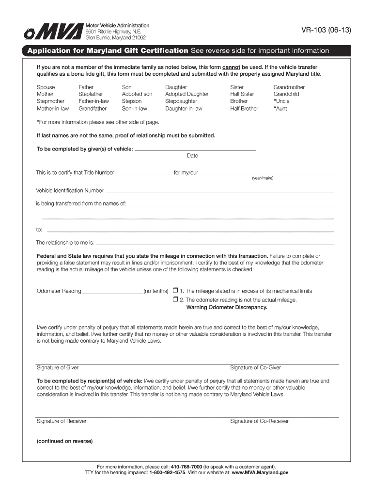 Get and Sign Vr 103 Maryland 2013-2022 Form