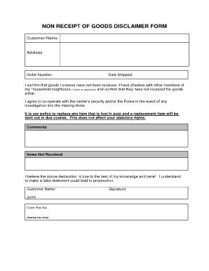 Non Receipt of Goods Disclaimer Form