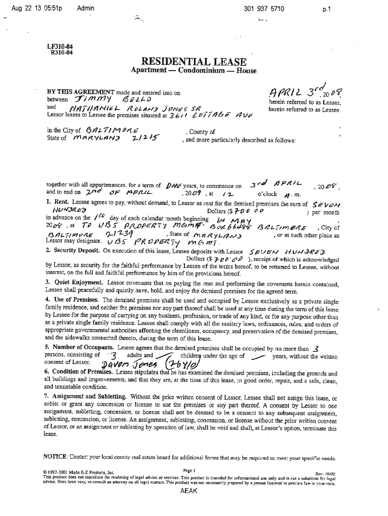 Printable Fill in Rental Agreement  Form