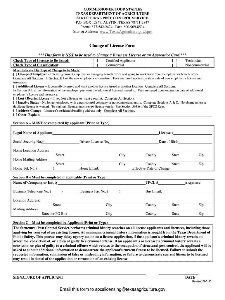  Texas Department of Agriculture Structural License Transfer Form 2012-2024