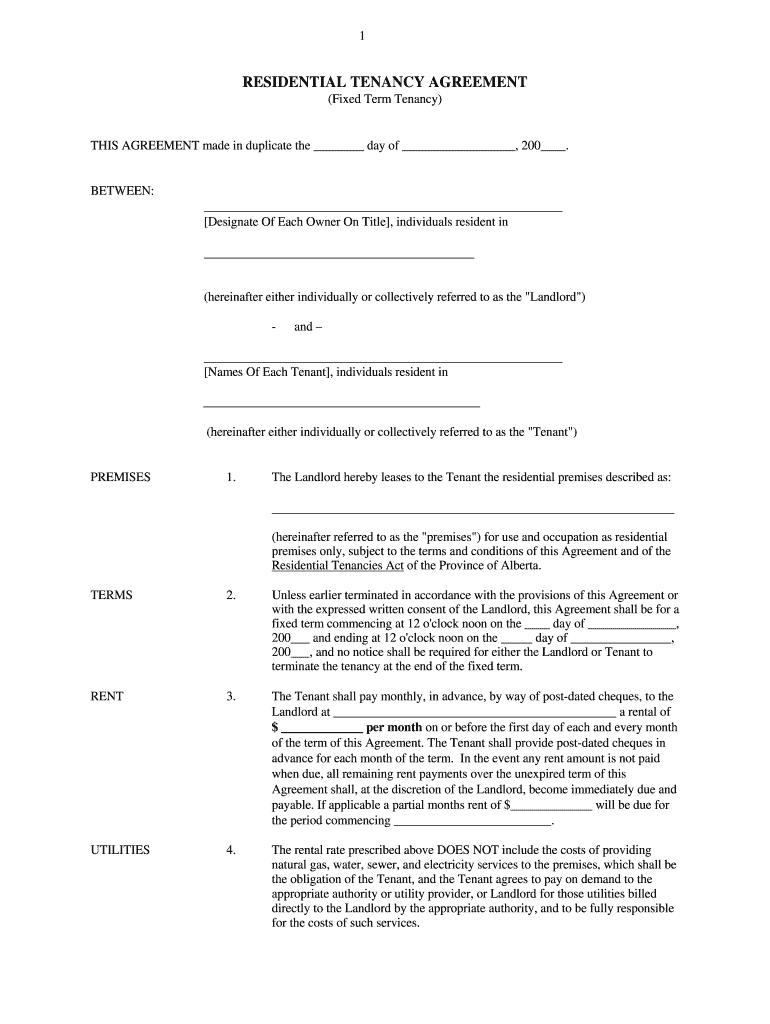 Alberta Tendancy Agreement  Form