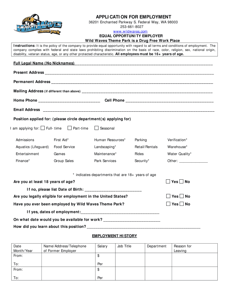 Wild Waves Job Application  Form