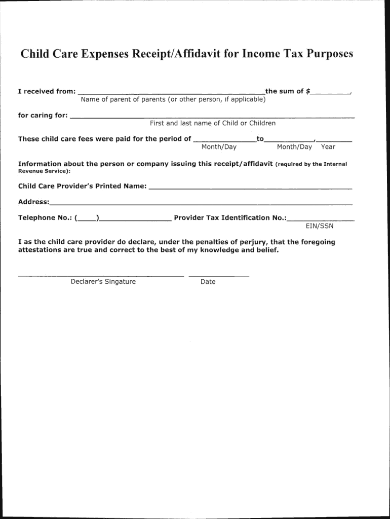 Child Care Receipt for Tax Purposes  Form