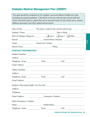 Sample Diabetes Medical Management Plan Ndep Nih  Form