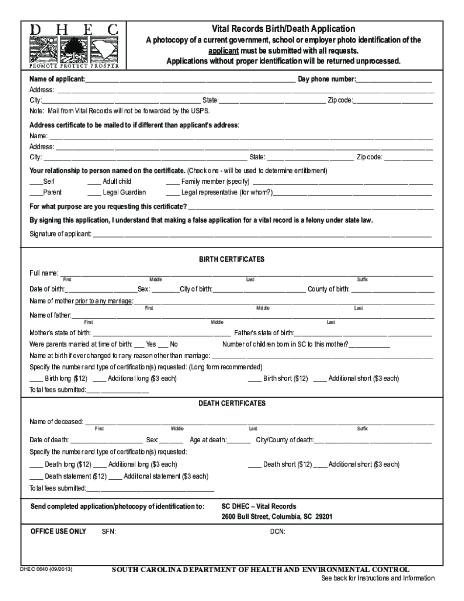 Vital Records BirthDeath Application Department of Health and Scdhec  Form