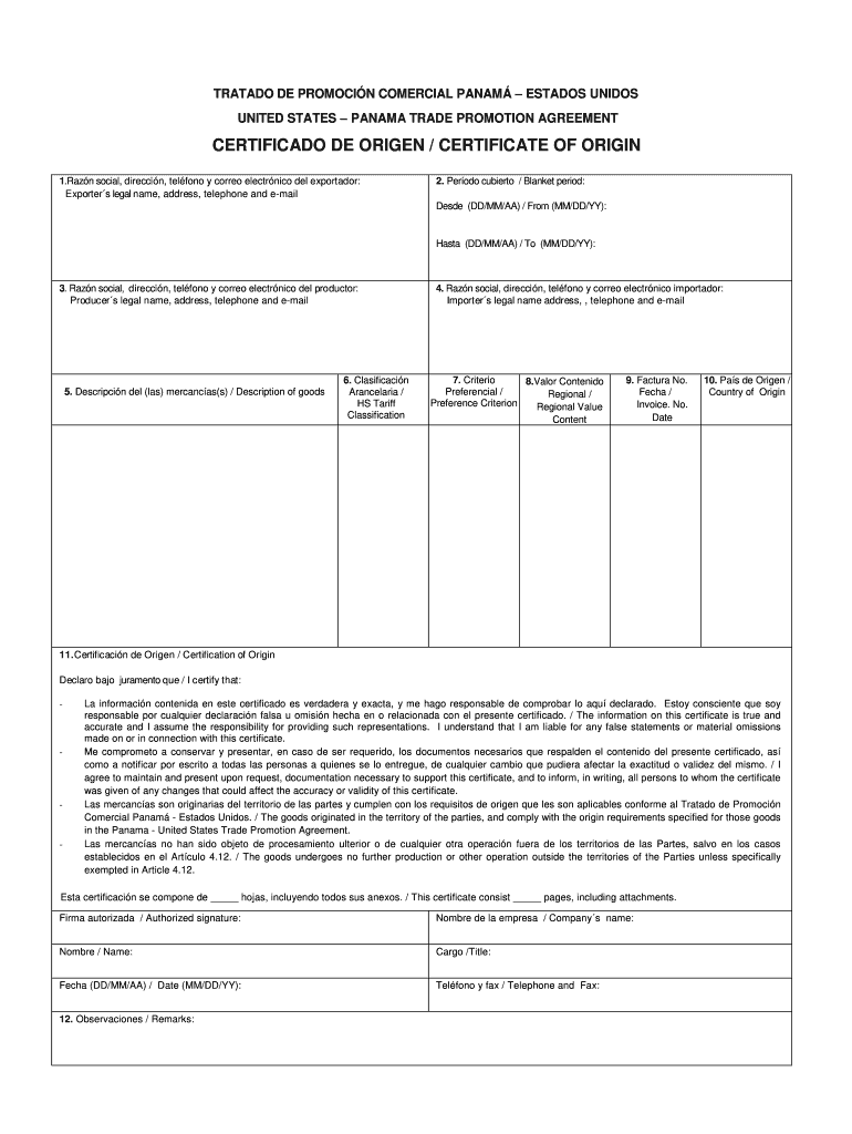 Panama Certificate Origin  Form