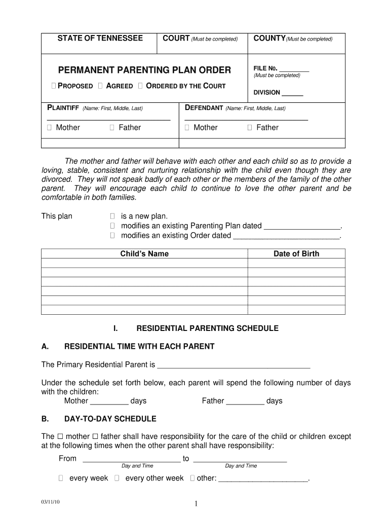  Tn Parenting Plan  Form 2010