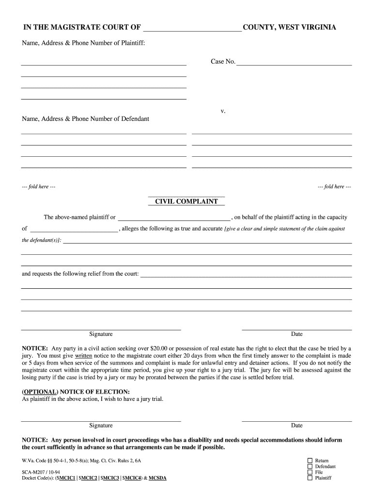  West Virginia Civil Complaint Form 1994-2024