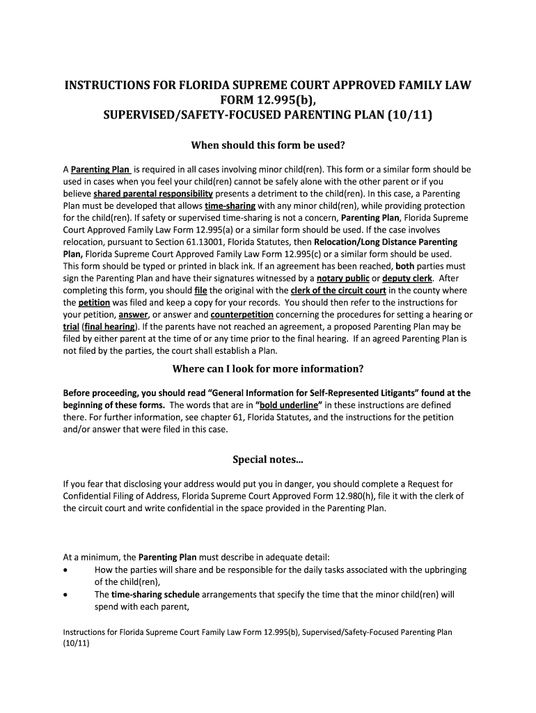  Florida Supreme Court Approved Family Law Form 12 995b, SupervisedSafety Focused Parenting Plan 0209 Florida Supreme Court Appro 2018