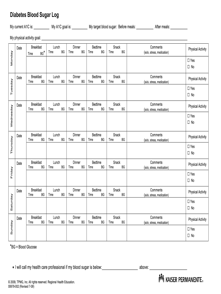 Printable Glucose Meter Readings Log  Form