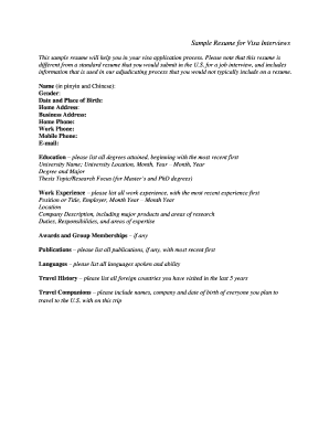 Resume for Visa Application  Form