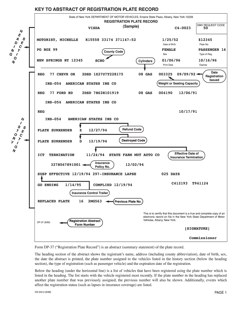 Key to Abstract of Registration Plate Record  New York State DMV  Dmv Ny  Form