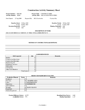 Construction Activity Summary Sheet  Form