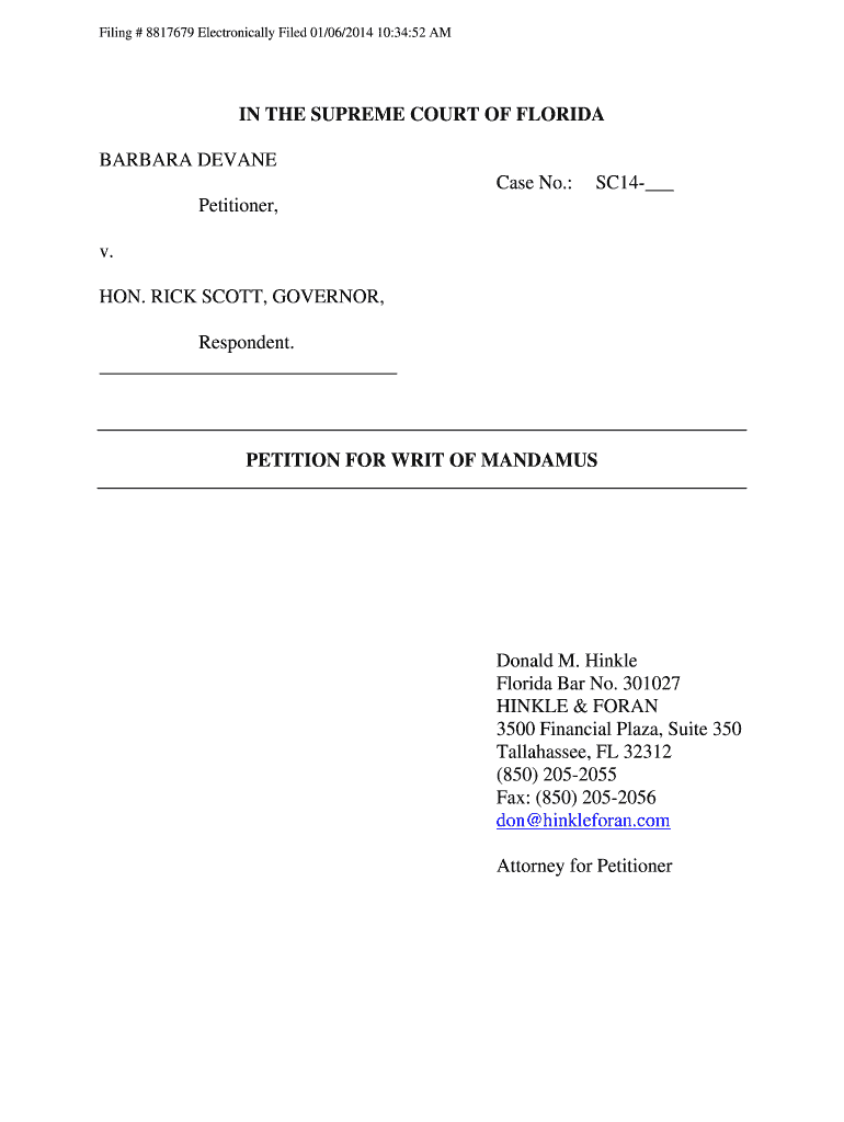 Sample Petition for Writ of Mandamus Florida  Form