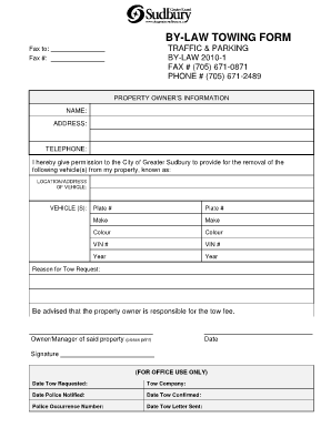 By LAW TOWING FORM City of Greater Sudbury