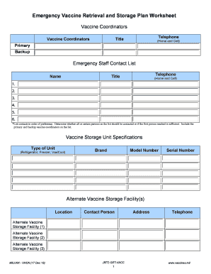 Emergency Vaccine Retrieval and Storage Plan Worksheet Vaccines  Form