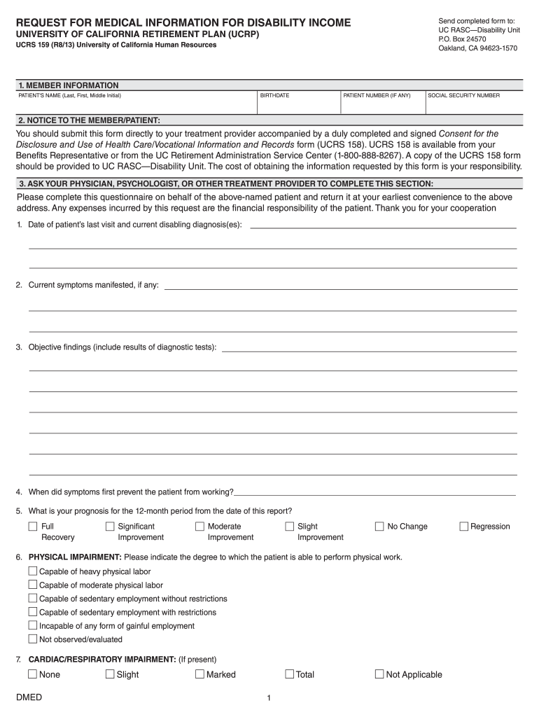  Request for Medical Information for Disability Income UCSB Human Hr Ucsb 2013-2024