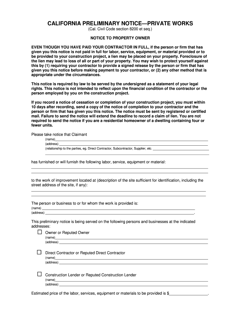 Private Works Preliminary Notice Form