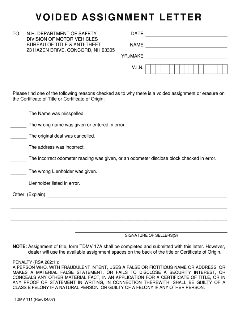  Voided Assignment Letter Nh Who Fills it Out Form 2007