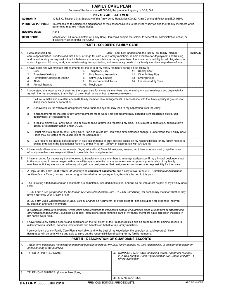 Army Family Care Plan Packet PDF  Form