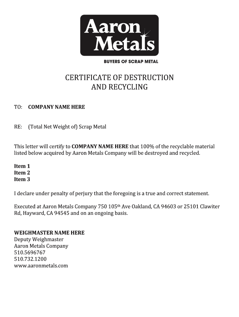 Certificate of Destruction Template  Form