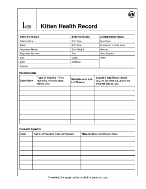 Kitten Health Record Template  Form
