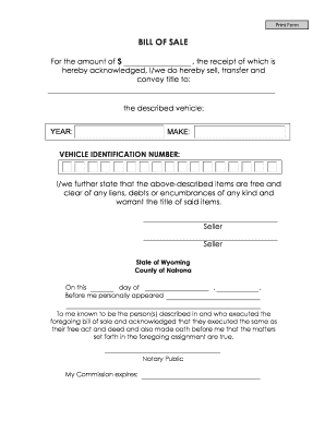 Wyoming Vehicle Bill of Sale  Form